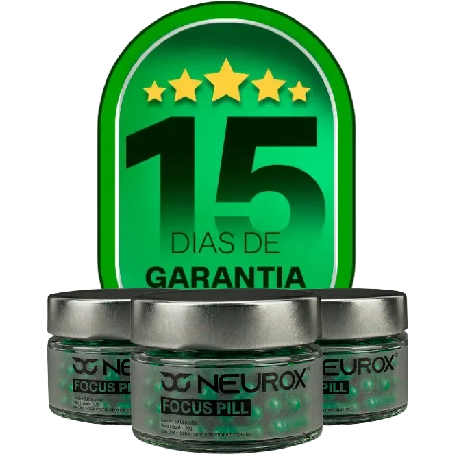 Selo de garantia incondicional de 15 dias sobre três frascos originais do Focus Pill da Neurox